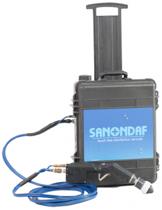 Sanondaf portable electrostatic fogging machine in its transport case with hose and spray gun