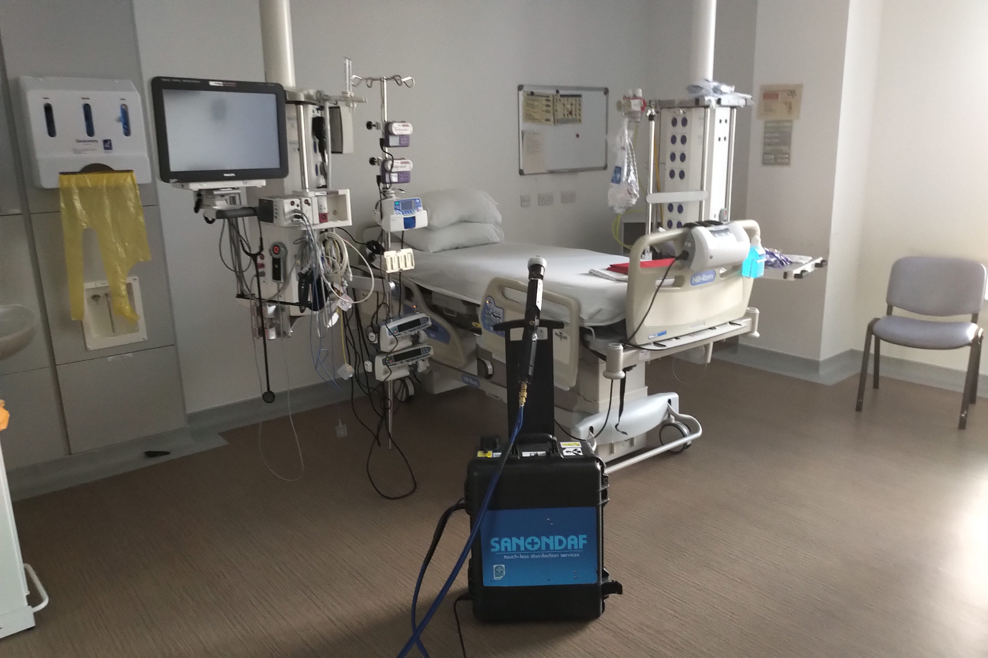 Sanondaf fogging unit treating a critical care bed space in a hospital